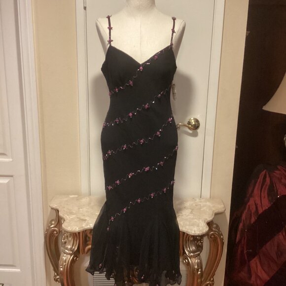 Vintage New 90's Y2K ECI New York Silk Beaded Floral Detail Fairy Dress 10 $186 - Picture 1 of 5